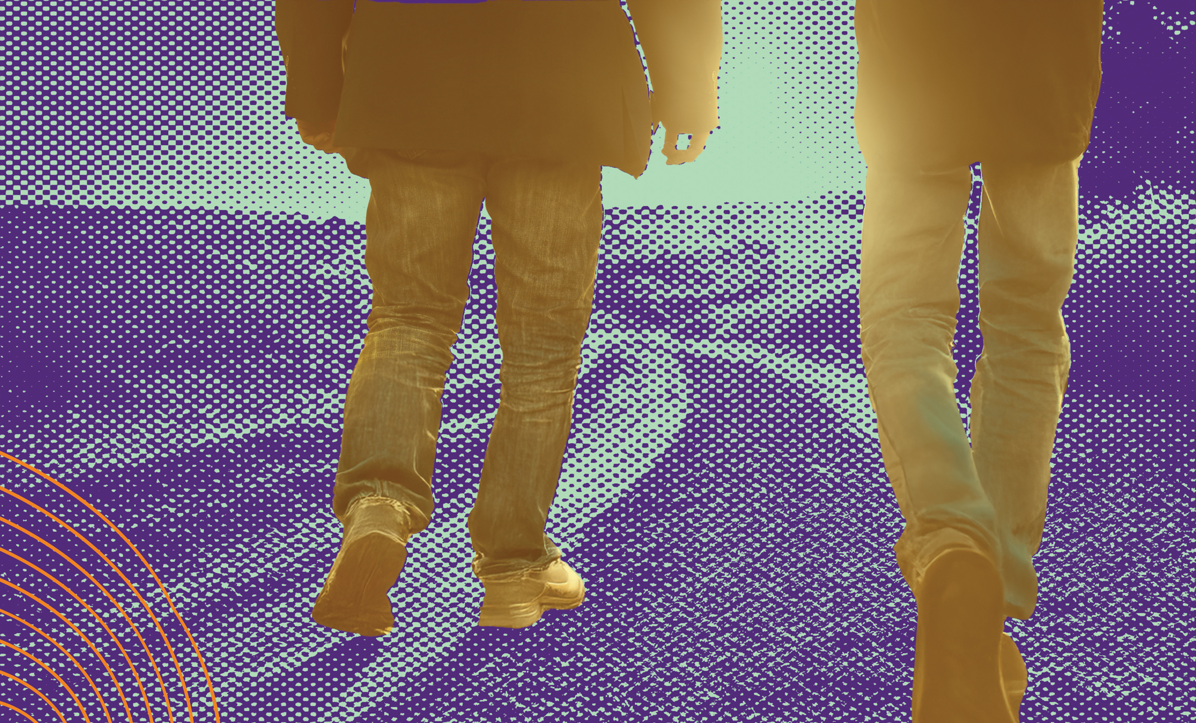 Photo illustration of two people, seen from behind, walking down a road.
