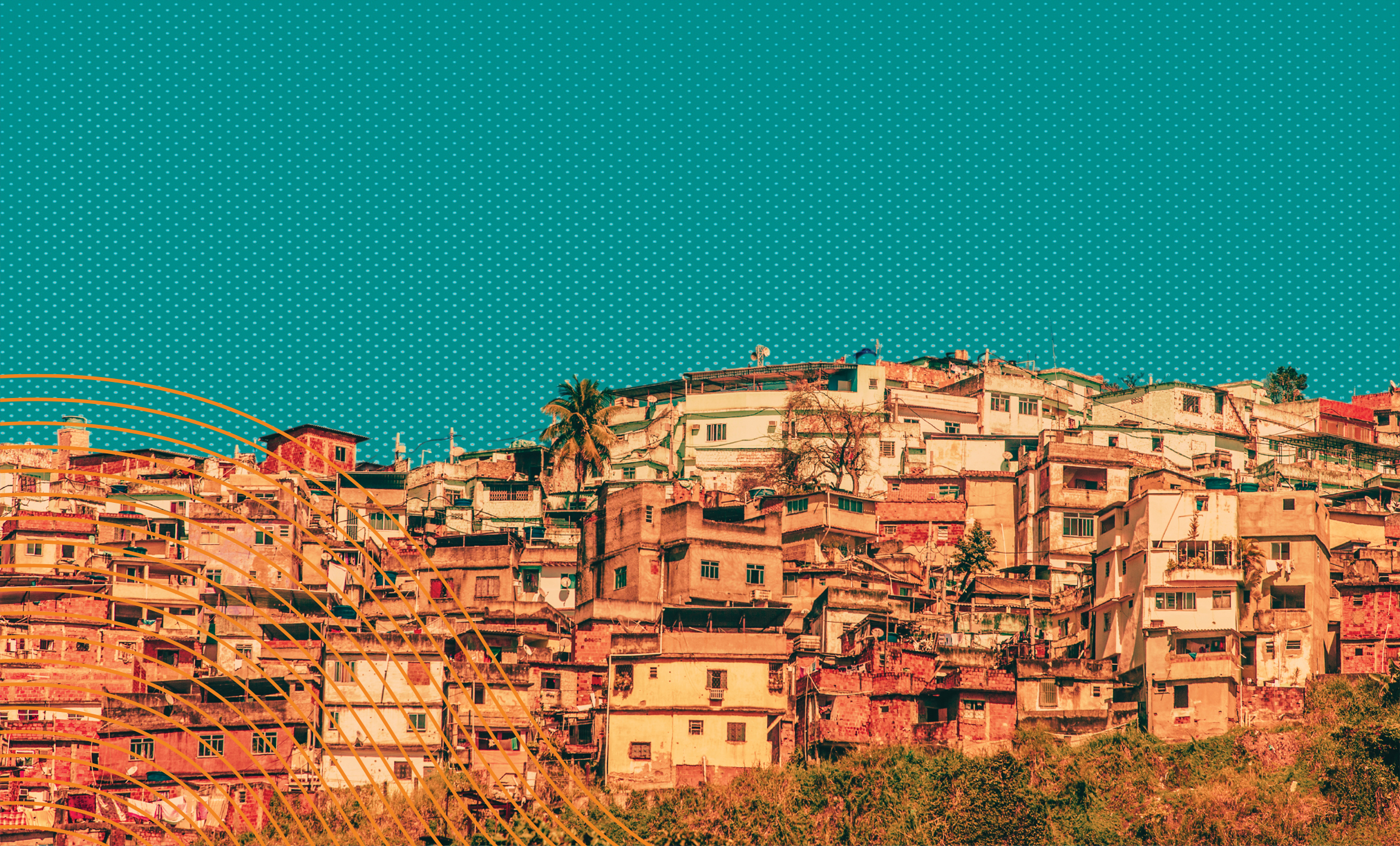 Photo illustration of houses crowded together in a favela.