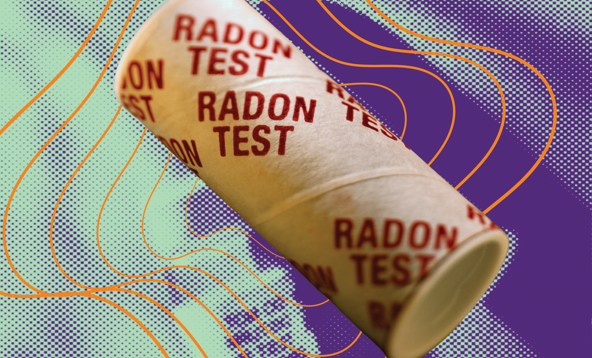 Photo illustration of a brown cardboard tube with the words "radon test" printed on it in red.