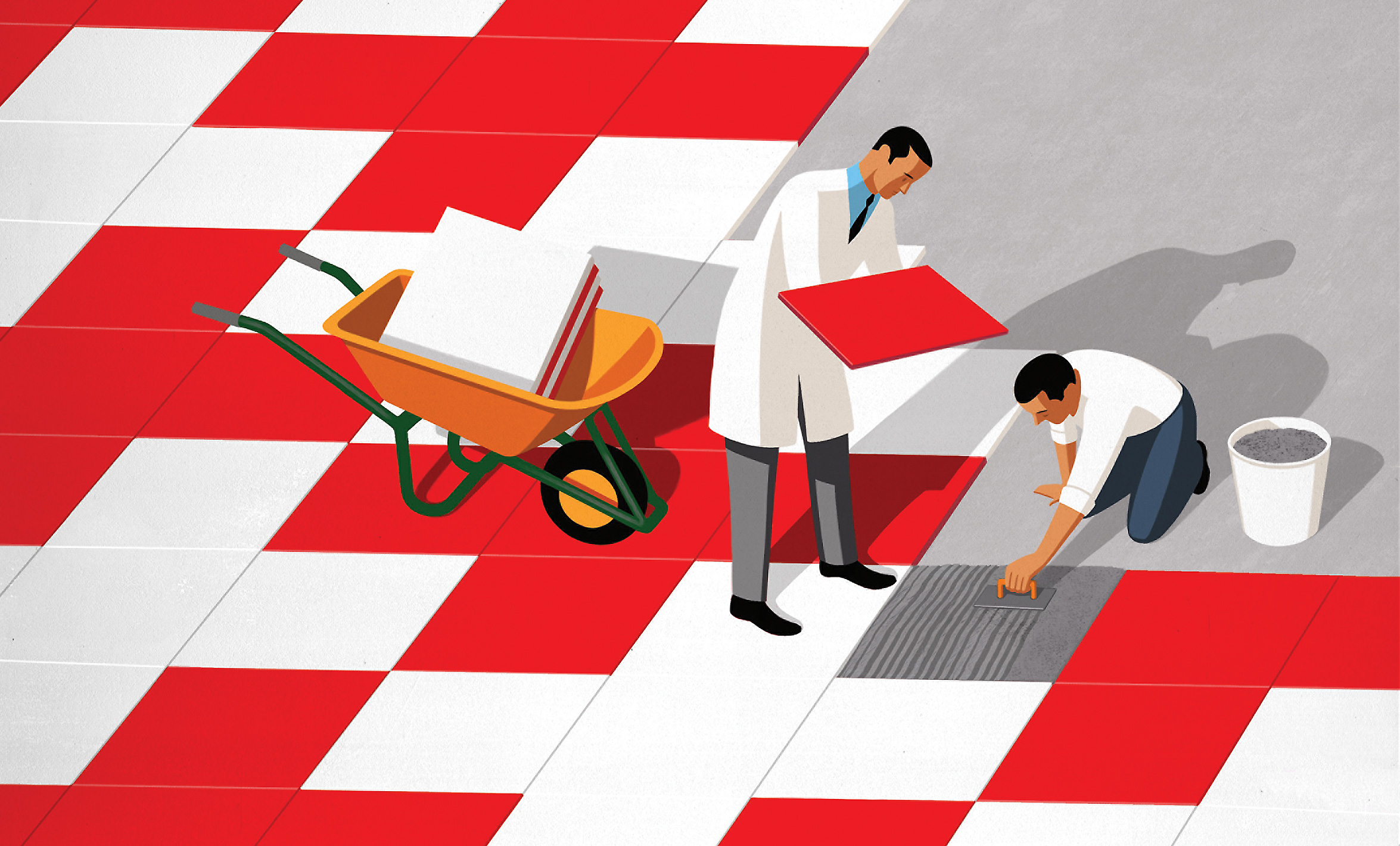 Illustration of people in lab coats laying tile in a "Red Cross" pattern.