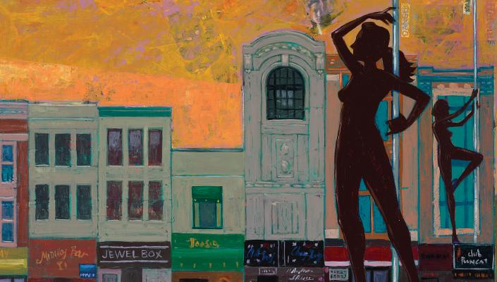 illustration of two women in silhouette dancing the poles, against a city streetscape