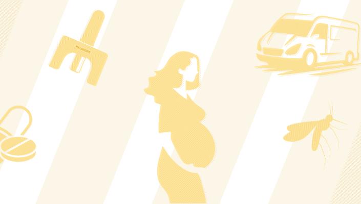 Illustrations of icons representing various aspects of public health, including a naloxone dispenser, two pills, a pregnant woman, a truck, and a mosquito.