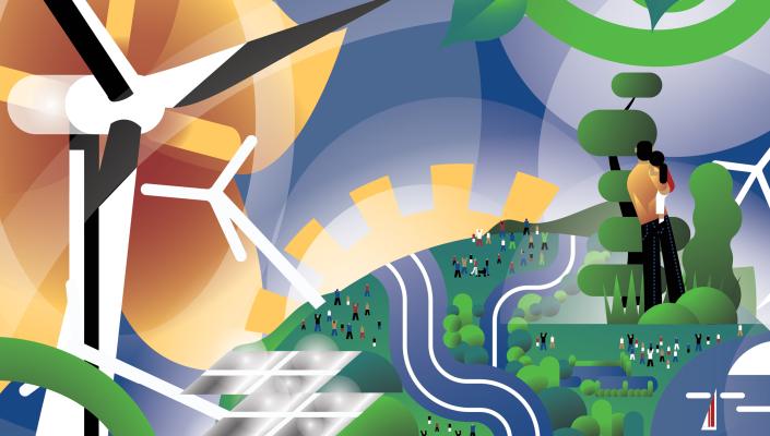 An illustration depicting a landscape with solar panels, wind turbines, a river, people, and trees, emphasizing renewable energy and nature.