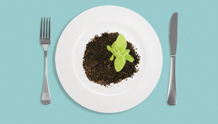 A place setting of a fork, knife and plate. The plate has a plant growing out of it.