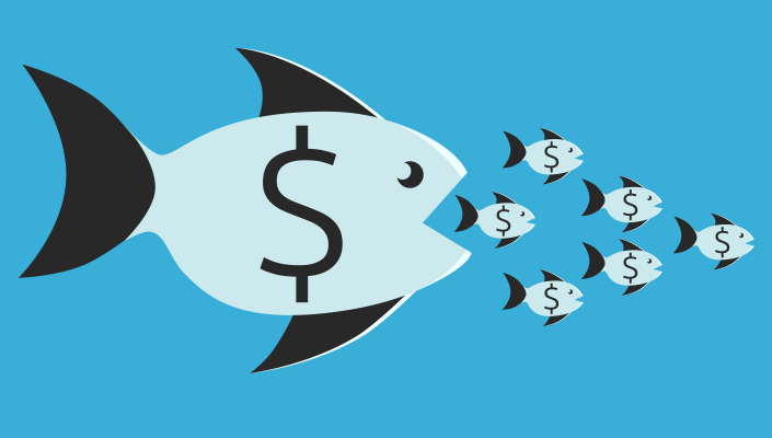 Illustration of a large fish with a dollar sign on its side about to consume a school of smaller fish with dollar signs on their sides