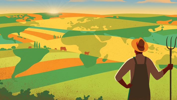 Illustrated image of farmer overlooking fields with world maps superimposed