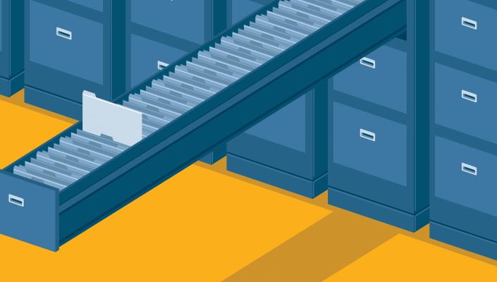 An illustration of a filing cabinet with one very long drawer open.