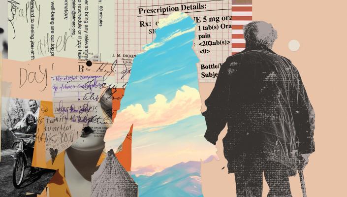 Photocollage representing the chaos caregiving for an older relative comprises prescriptions, medical visit instructions, handwritten notes, and old photos.