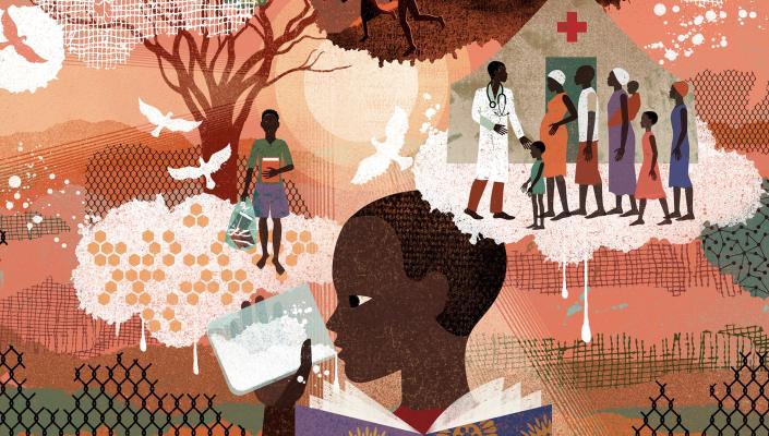 An illustration of a young boy drinking milk, visiting a doctor with a line of people in a displacement camp, and carrying his books to school.