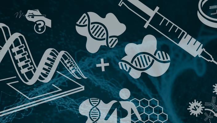 illustration of mRNA, DNA, and syringes