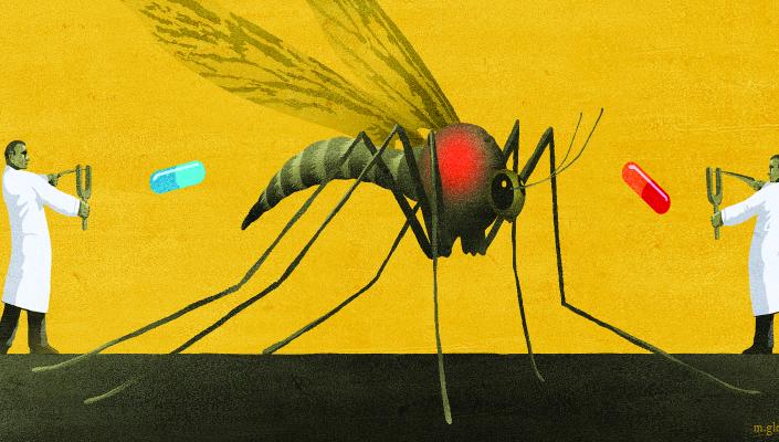 illustration of 2 scientists, each sling-shotting pills at a mosquito from opposite sides