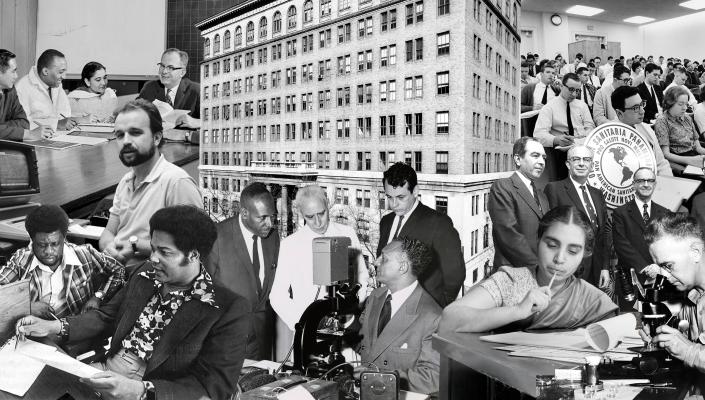 A collage of black and white photographs of the Bloomberg School's history. Images include the exterior of the school, students in class, and professors.
