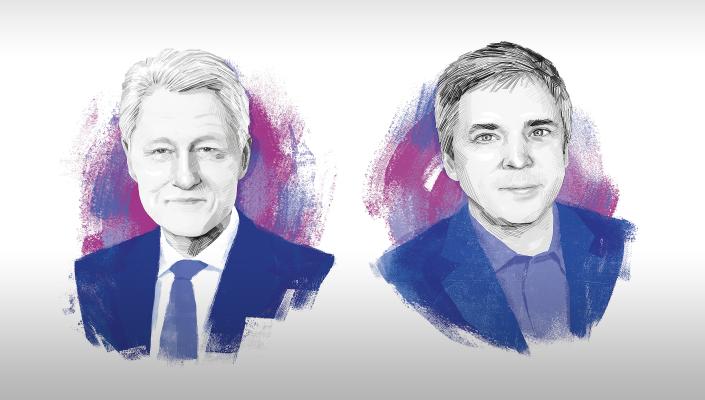 illustrated portraits of Bill Clinton and Caleb Alexander