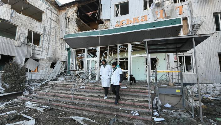 A view of a damaged hospital as civilians continue to hide in a bomb shelter under the hospital amid Russian-Ukrainian conflict in the city of Volnovakha, Donetsk Oblast, Ukraine on March 12, 2022. Photo by Stringer/Anadolu Agency via Getty Images