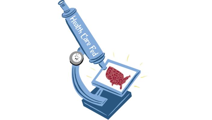 Illustration of a microscope with the words "Health Care Fed" on it is aimed at slide with a map of the U.S.