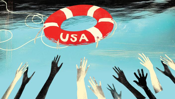 Hands reach out of an ocean towards a flotation ring marked U S A.