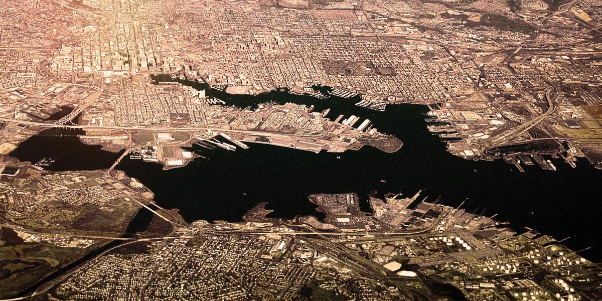 An aerial shot of the city of Baltimore.