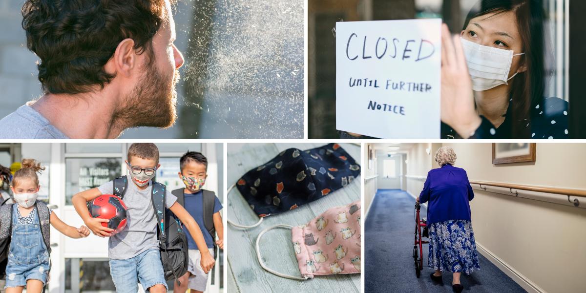 man coughing, closed sign, children playing, masks, woman with walker