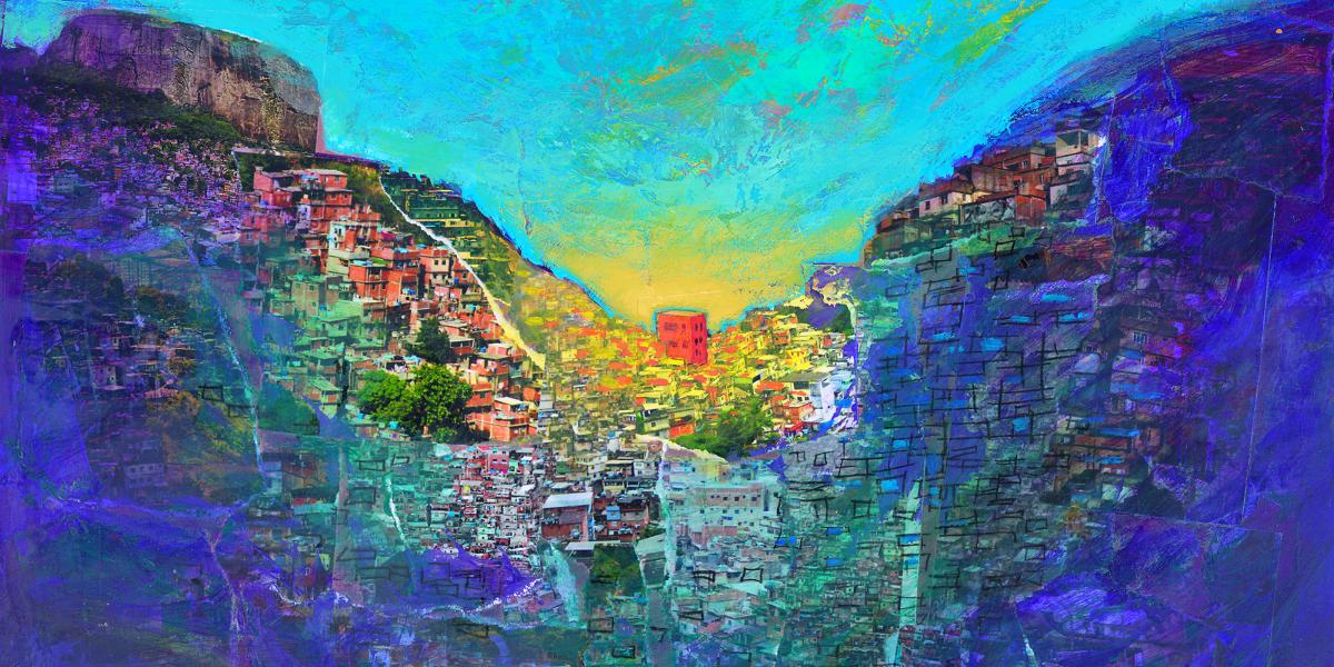 Illustration of a city glowing yellow in the center and fading into dark blues and purples on the periphery