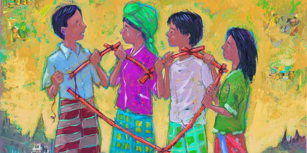 illustration of a family of 5 holding sticks bound together in the shape of a heart