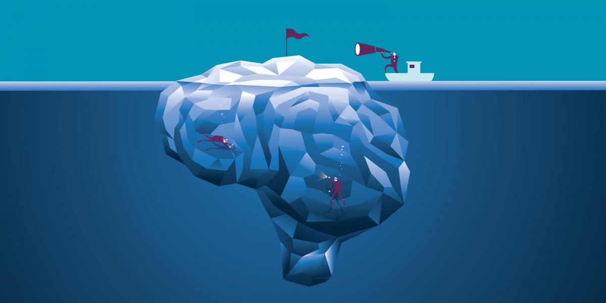 Illustration of scuba divers swimming around a giant brain