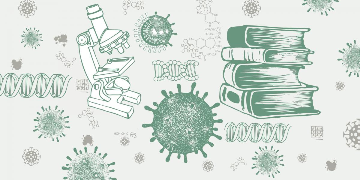 Illustration of coronavirus, microscope, DNA, books