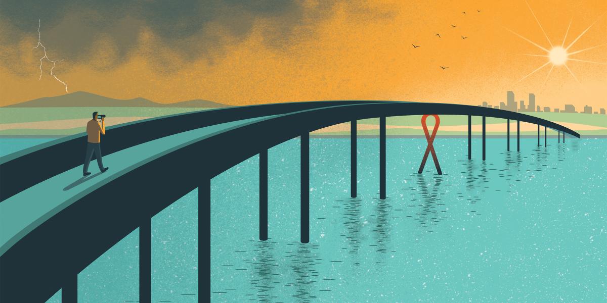 man walking over bridge graphic