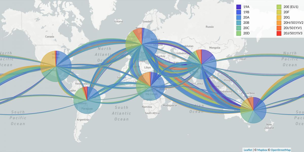 Map showing the distribution of SARS-CoV-2 variants