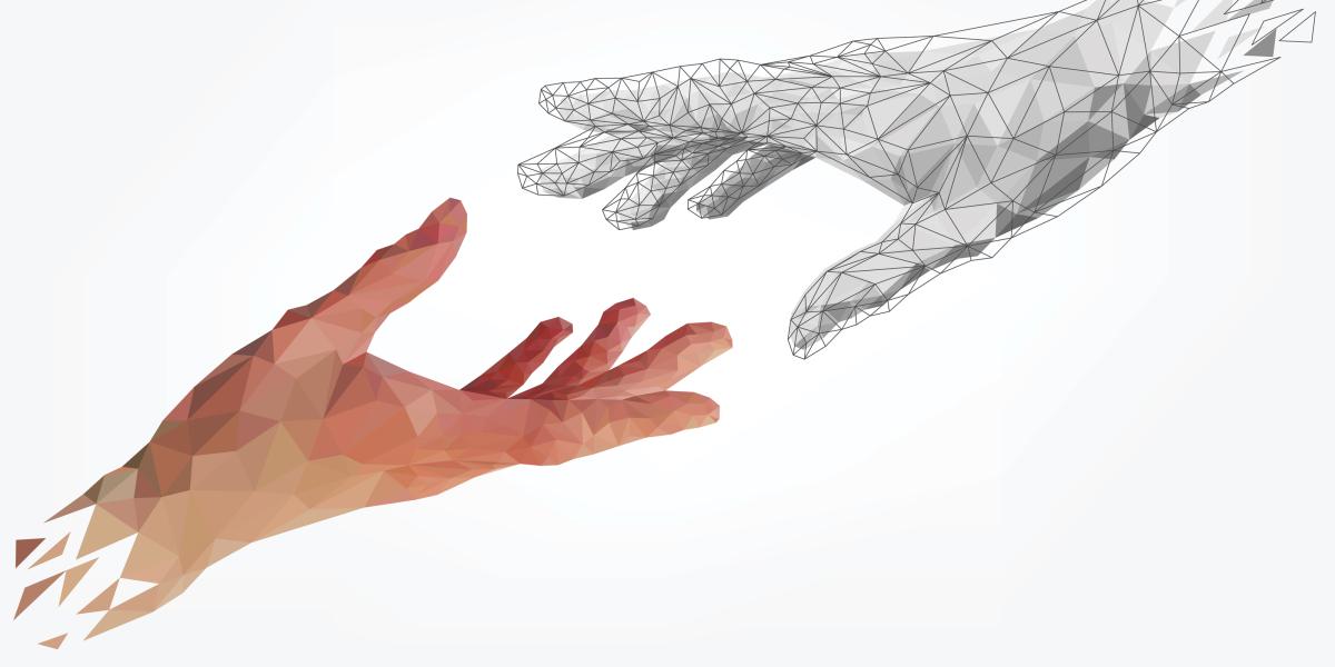 Two hands reach out to each other. One is human and the other is created by artificial intelligence.