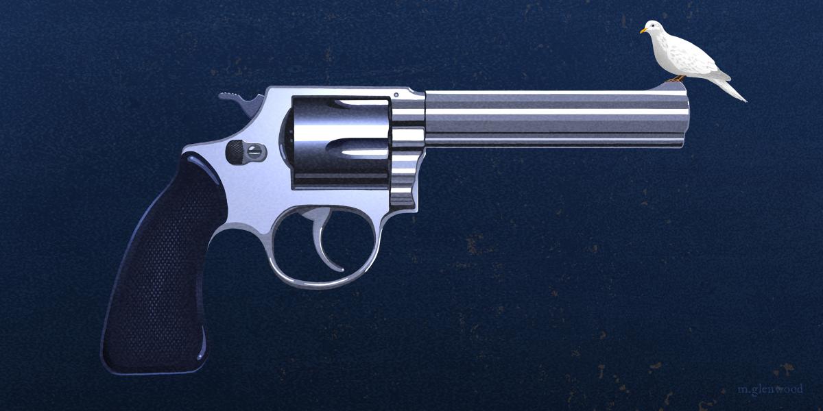 Illustration of a dove perched on the barrel of a handgun
