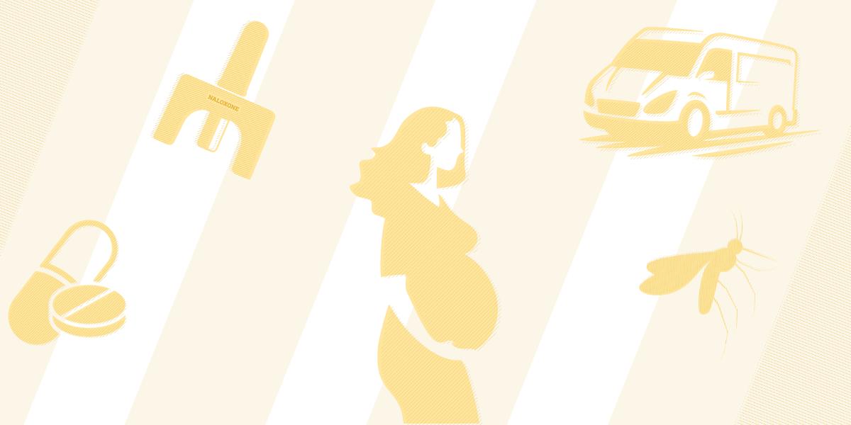 Illustrations of icons representing various aspects of public health, including a naloxone dispenser, two pills, a pregnant woman, a truck, and a mosquito.