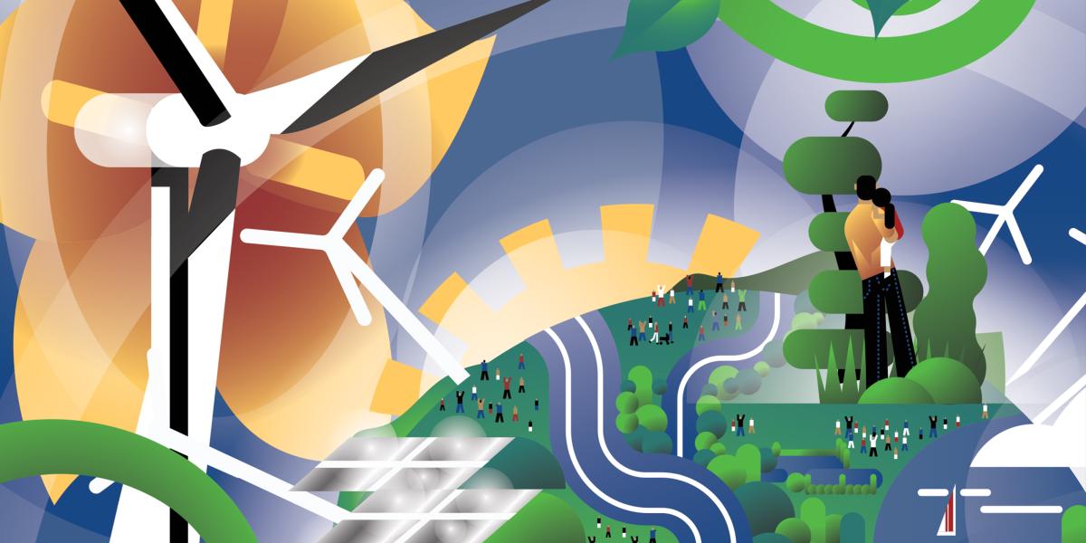 An illustration depicting a landscape with solar panels, wind turbines, a river, people, and trees, emphasizing renewable energy and nature.