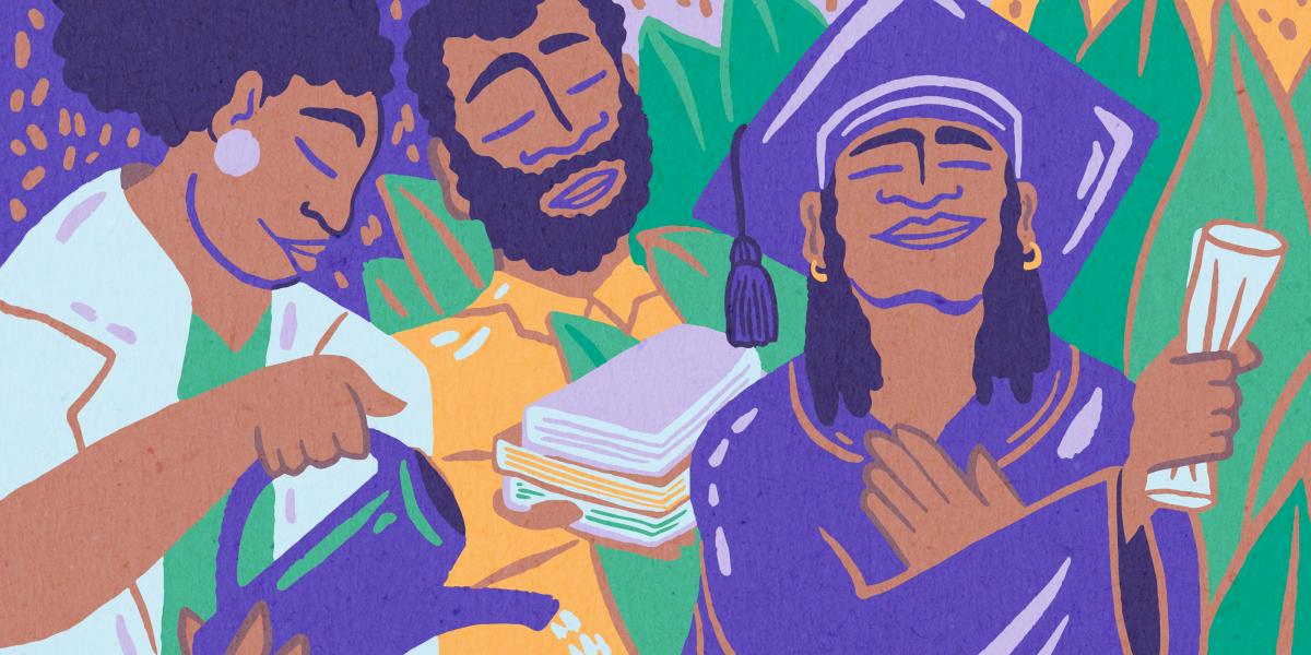 an illustration of a Black woman in cap and gown next to two older adults who supported her