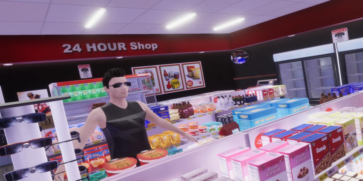 A graphic simulation of a. convenience store. A man wearing sunglasses stands at the counter.