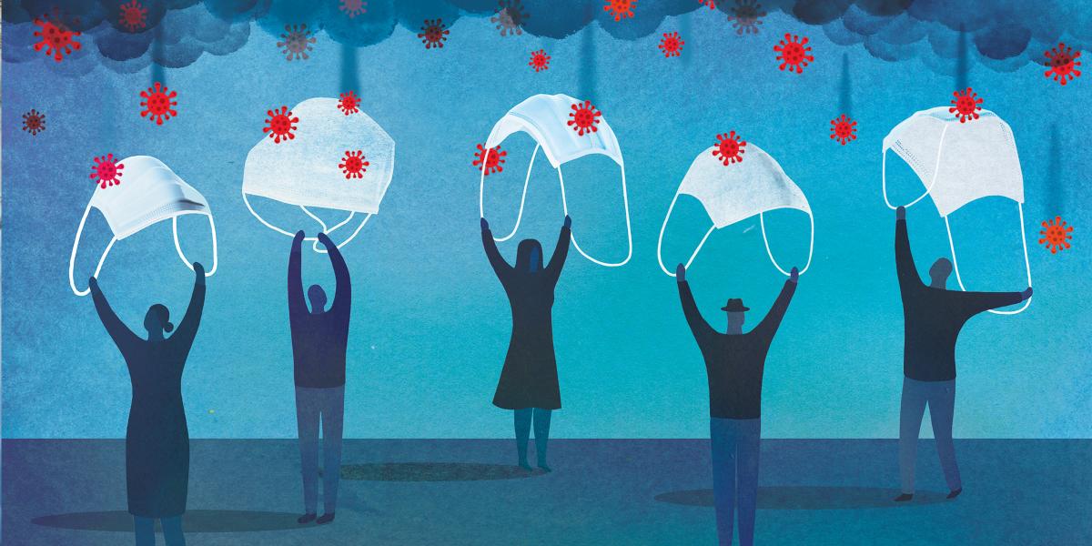 An illustration of a group of figures using face masks as umbrellas to fend off virus particles.