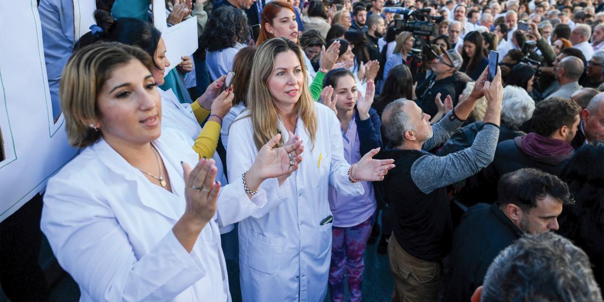 University of Buenos Aires medical teachers and students protest President Javier Milei’s decision to freeze the university’s budget despite 276% year-on-year inflation rate on April 18, 2024.