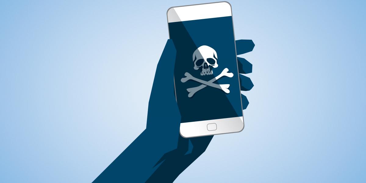 Illustration of smart phone with poison skull and cross bones symbol on screen