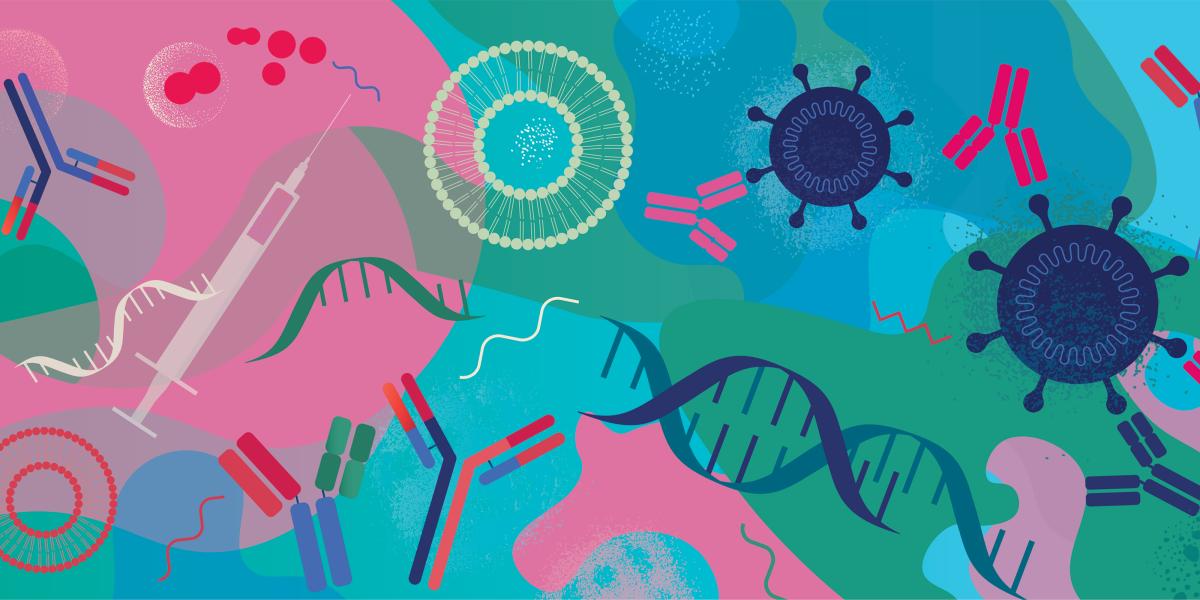 Abstract illustration with hand drawn grain effects depicting biotechnology and developing mRNA vaccines.