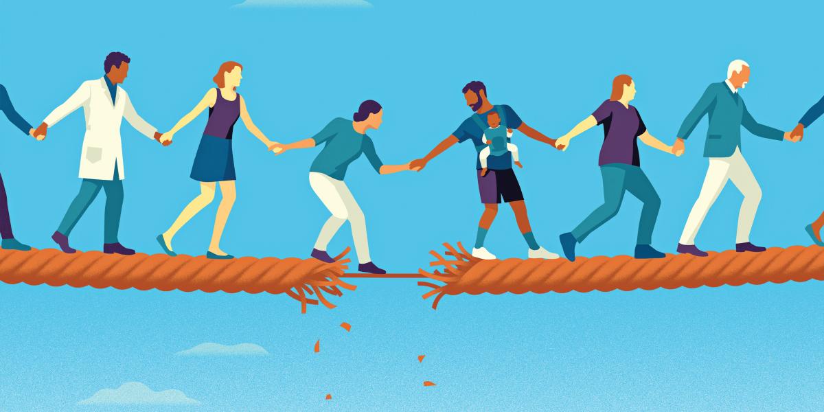 A group of people walk along a piece of fraying rope, holding hands.