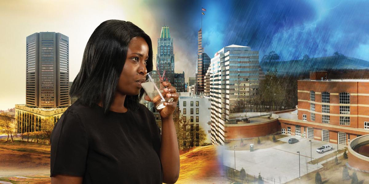 Woman drinking tap-water in front of rendered city-scape illustrating the effects of drought and deluges