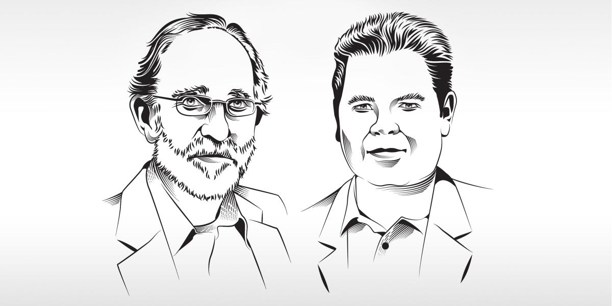 Line drawing of Peter Agre and Fidel Antonio Castro Smirnov