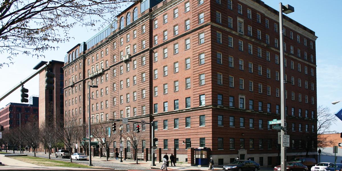 An exterior view of Johns Hopkins University's Hampton House, in Baltimore, Maryland.