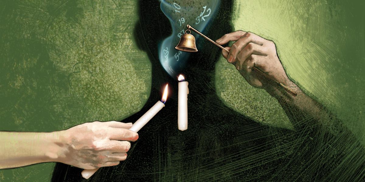 An illustration of a floating candle. One person is trying to keep the flame lit while the other is trying to snuff it out.