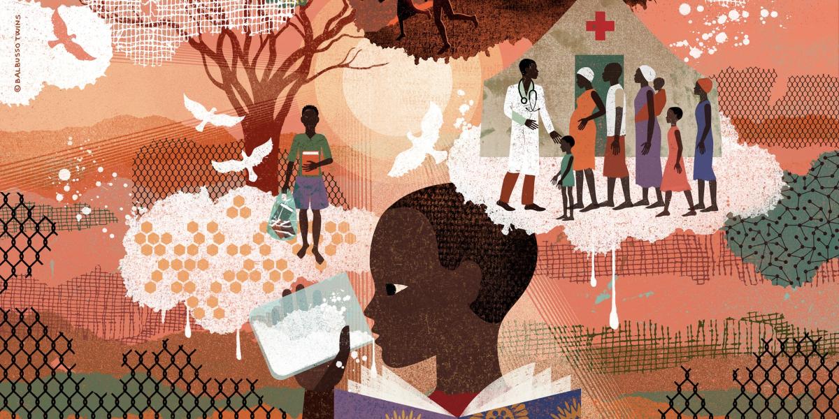 An illustration of a young boy drinking milk, visiting a doctor with a line of people in a displacement camp, and carrying his books to school.