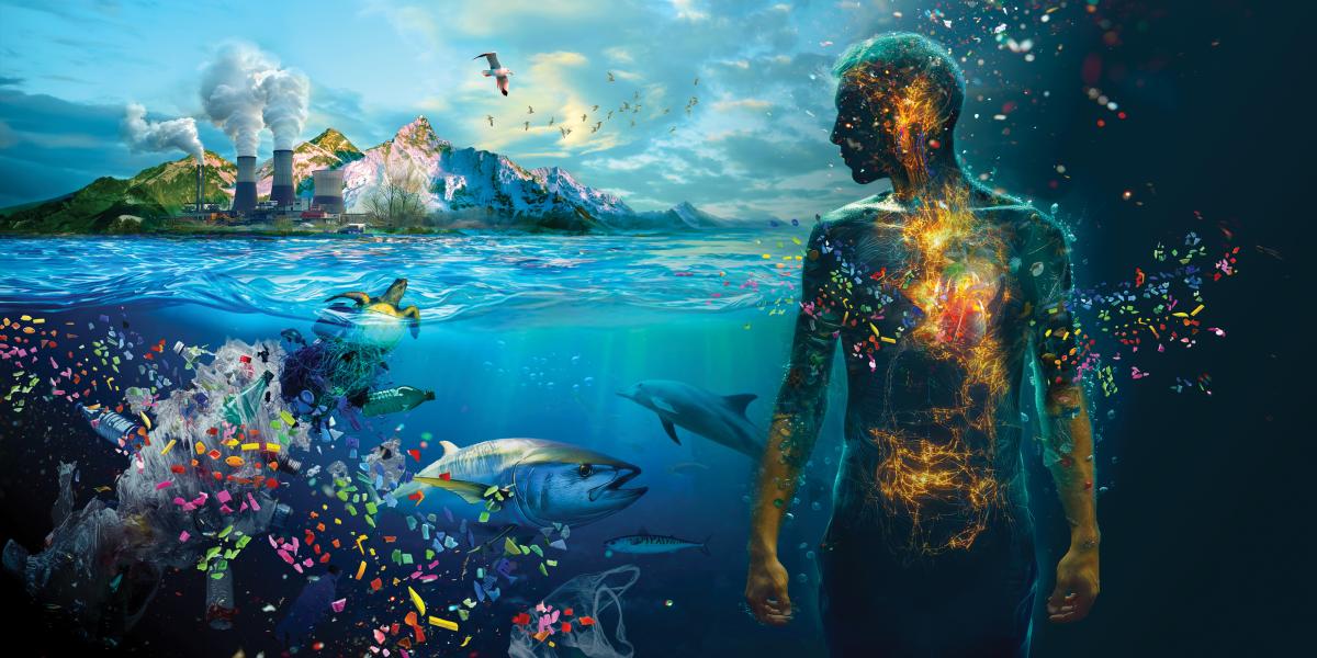 A composite image showing an industrial landscape above water, marine life and pollution underwater, and a glowing human figure intertwined with the environment.