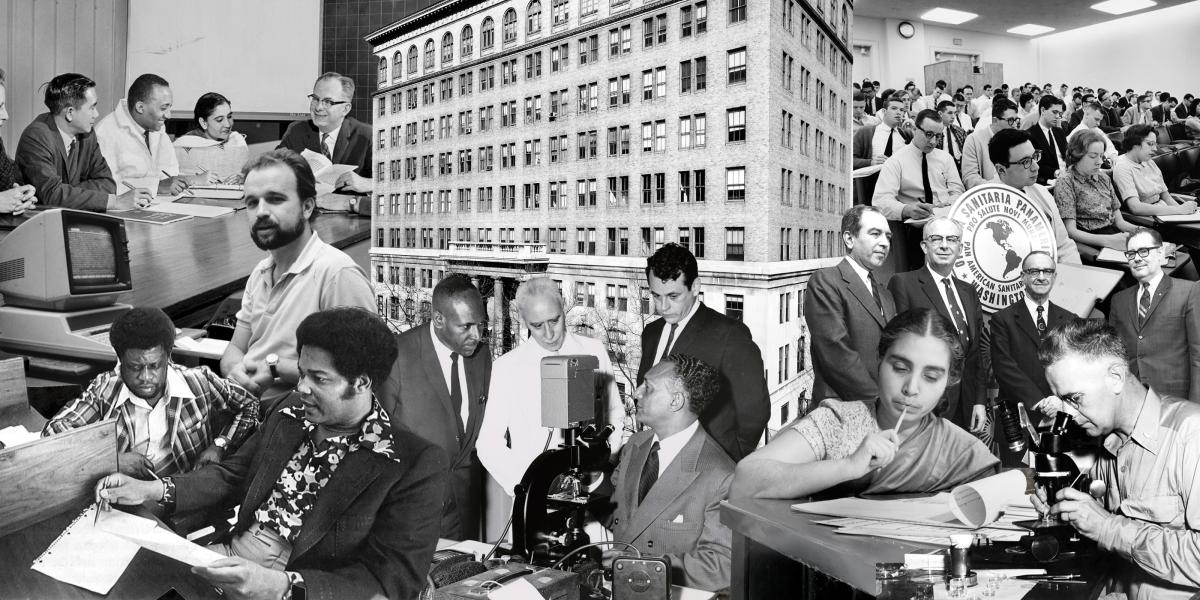 A collage of black and white photographs of the Bloomberg School's history. Images include the exterior of the school, students in class, and professors.