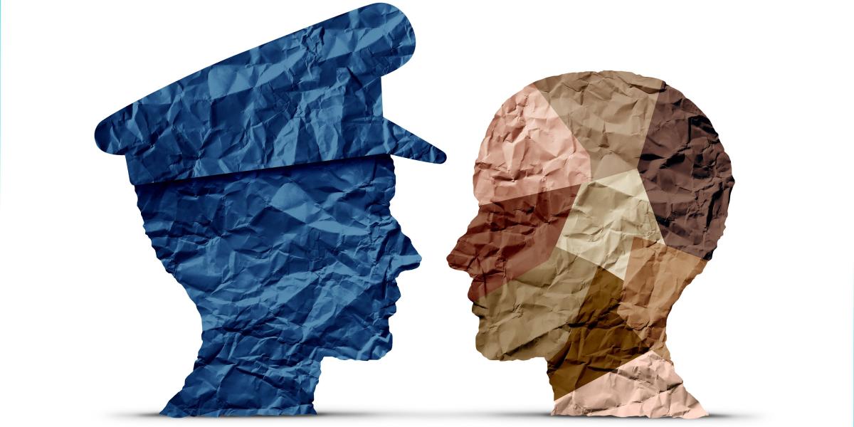 3D illustration of a silhouette of a police officer facing a multiracial community member