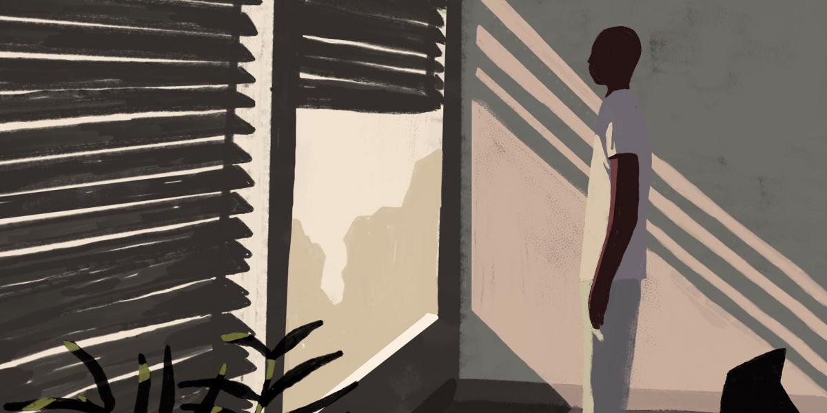 stylized illustration of black man staring out a window