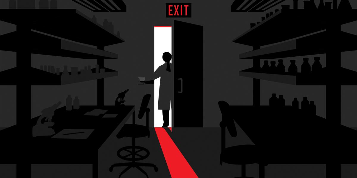 A silhouette of a scientist leaving their laboratory, the light from the doorway creates a red glow.
