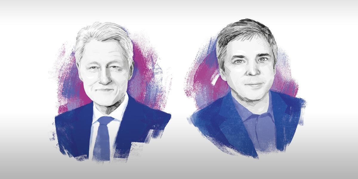 illustrated portraits of Bill Clinton and Caleb Alexander